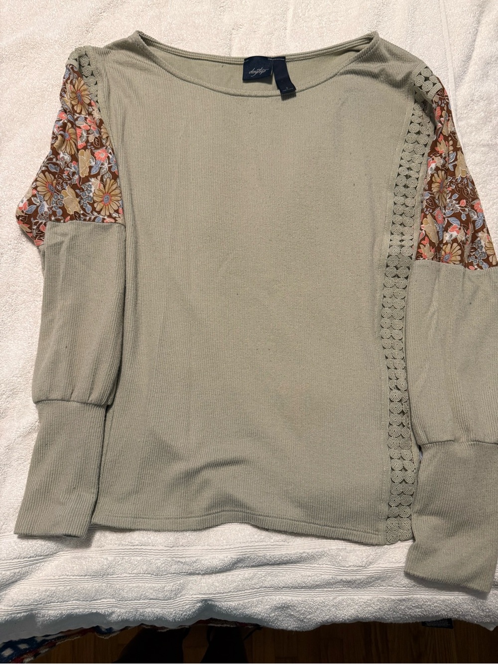 Daytrip Sage Knit Long Sleeve Top with Floral Sleeve Panels